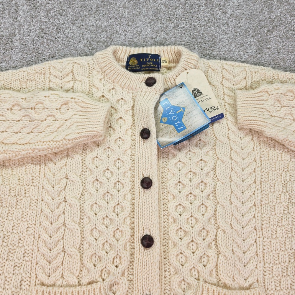 New Tivoli Kids Pure Merino Wool Cable Knit Cardigan Sweater Cream Age 8-10 NWT